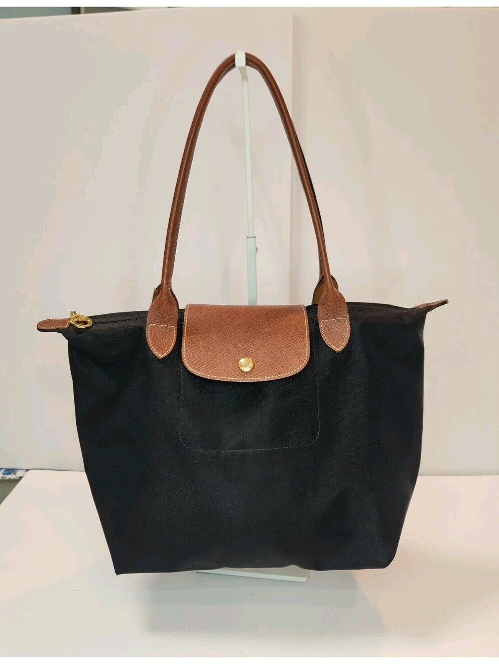 Longchamp Le Pliage Tote Bag M shoulder Blk Nylon Brown Leather Depose Shopping